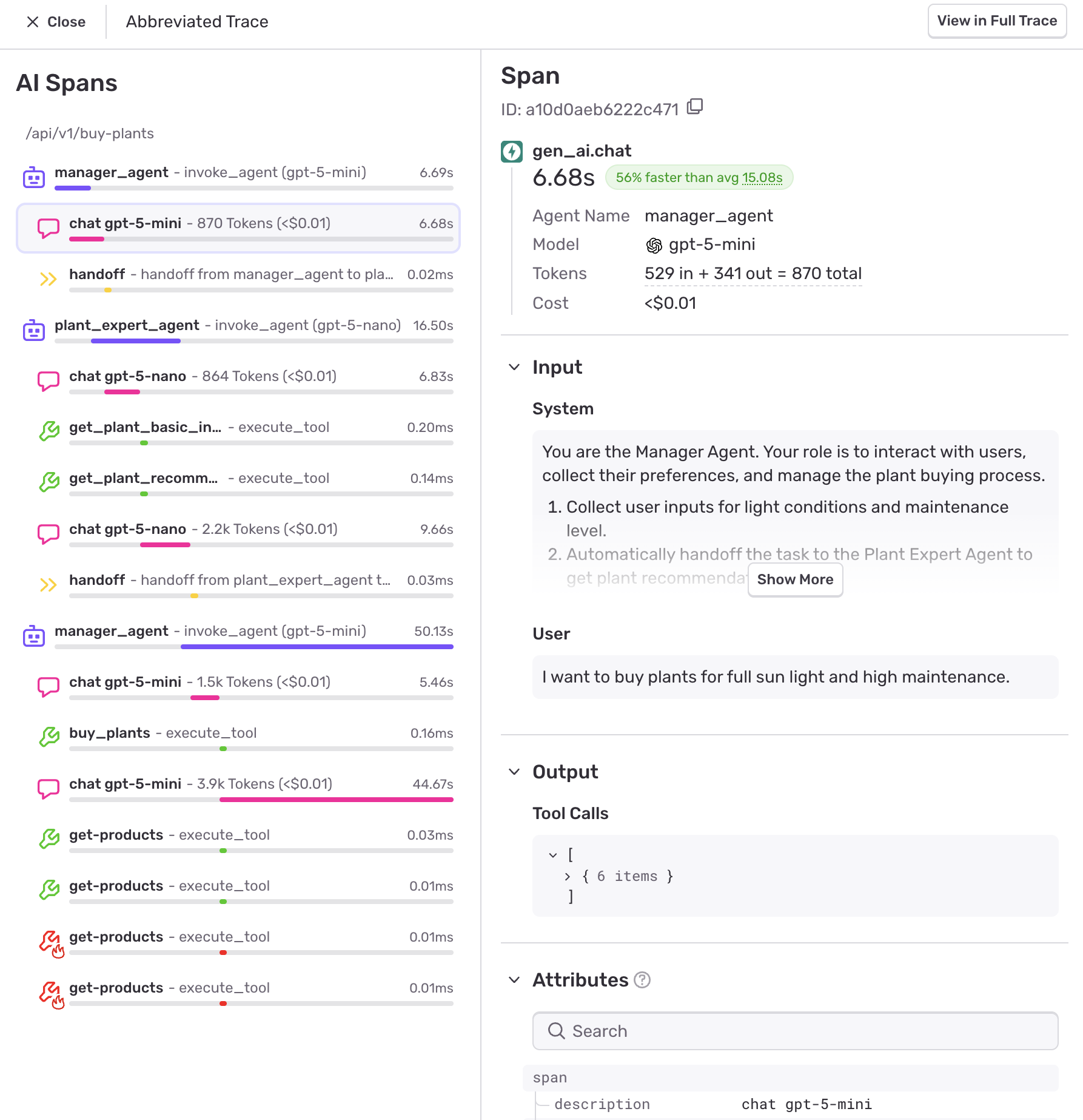 AI Agent Abbreviated Trace View